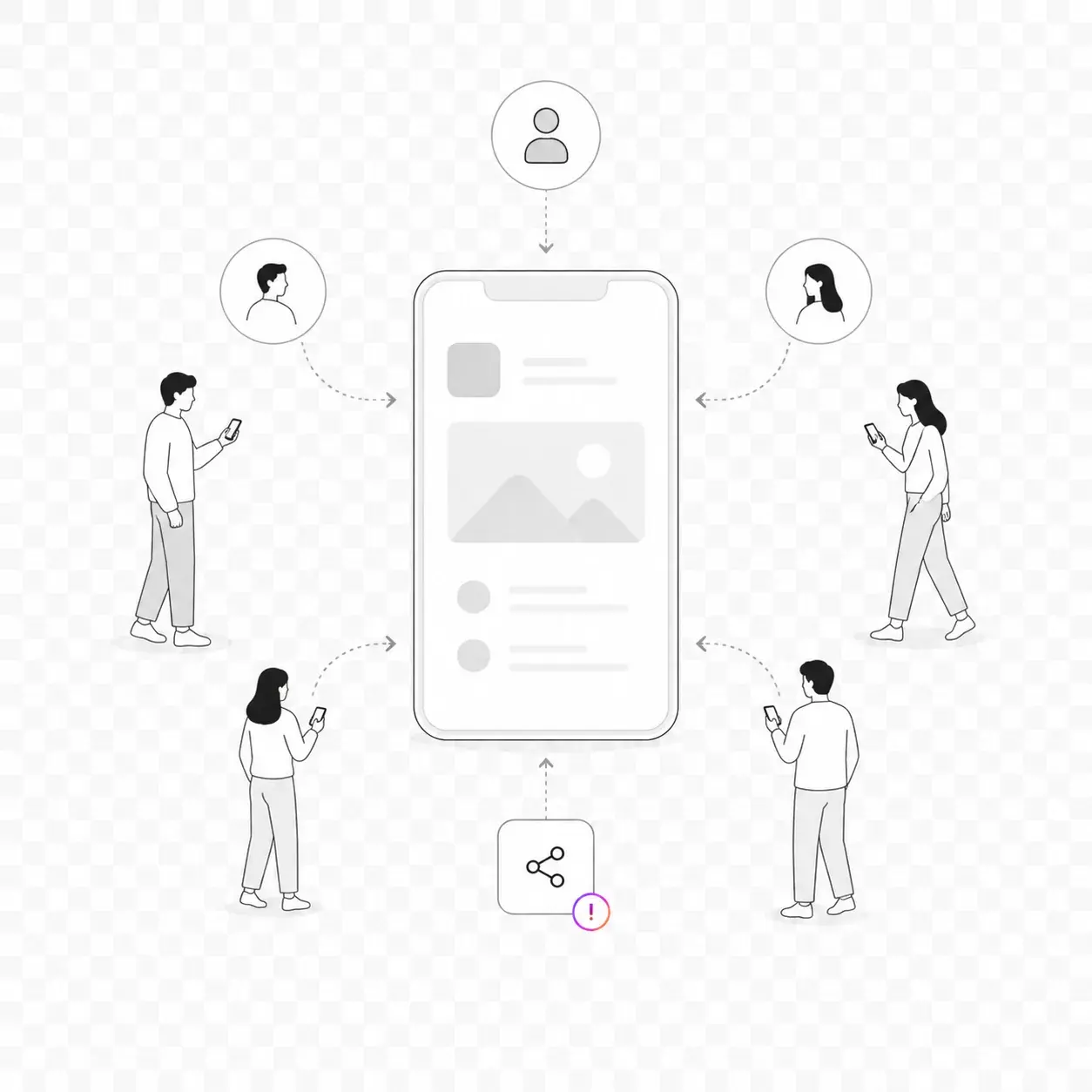 テスターが集まりコミュニティで共有するイメージイラスト
